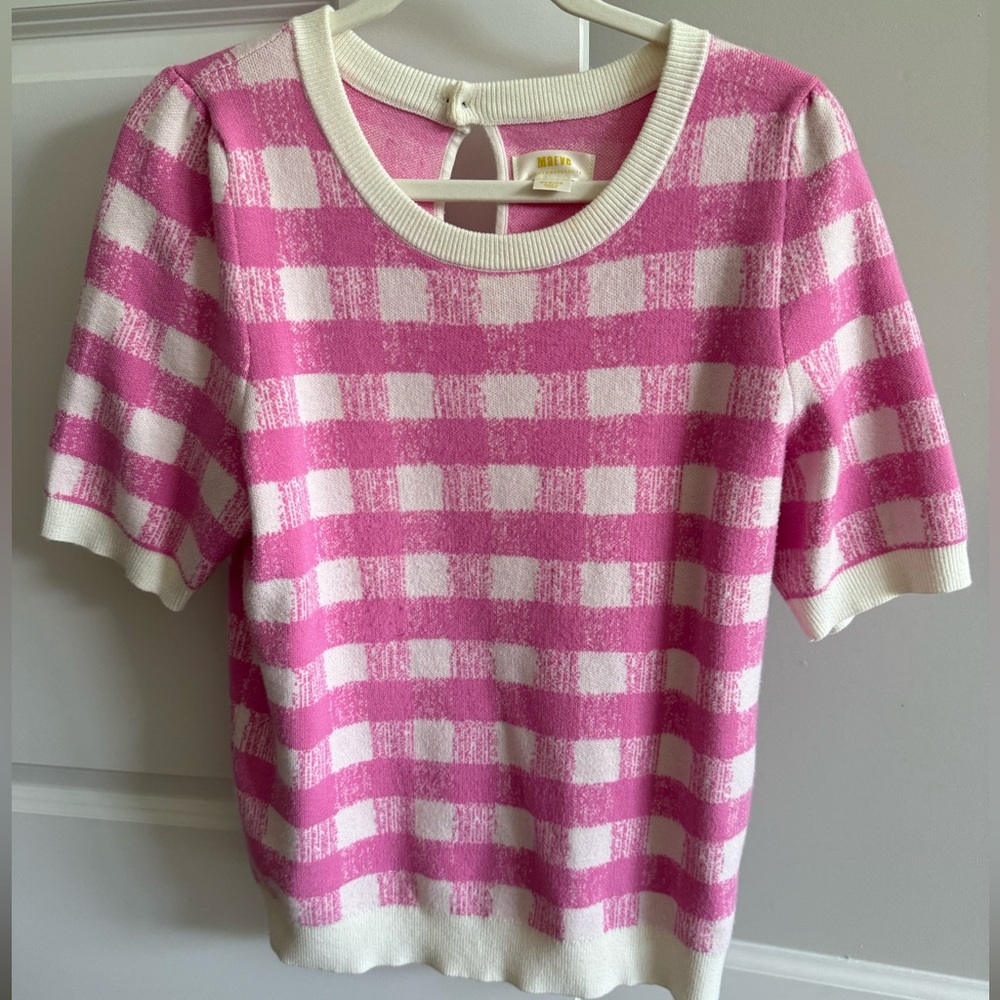 Anthropologie Pink and White Checkered Sweater